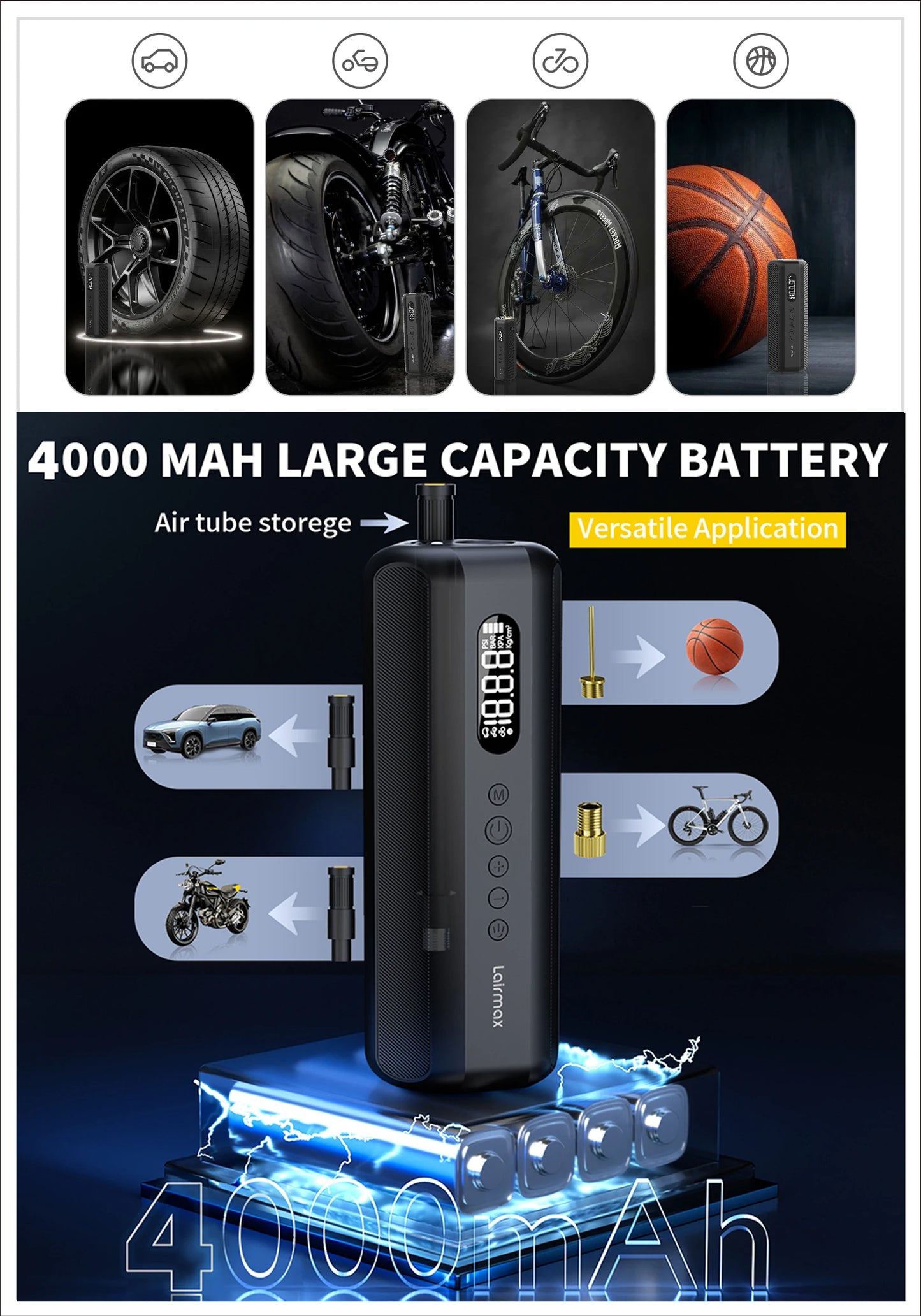 150PSI/19Cylinder Portable Air Pump, Electric Tie Inflator with Digital Pressure Gauge, Fast Inflation for Car Tires,Bikes,Balls