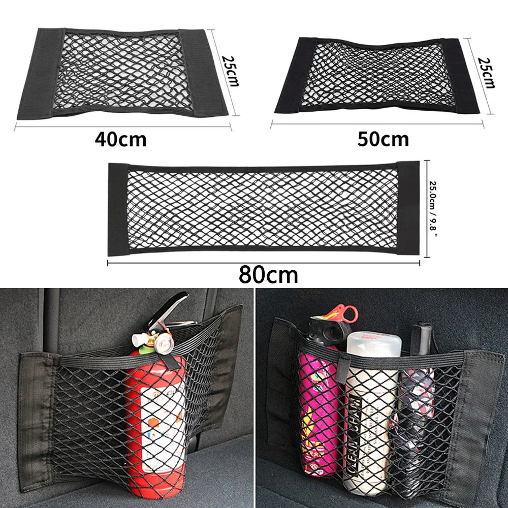 Car Back Seat & Trunk Organizer – Elastic Mesh Storage Net with Magic Sticker for Universal Car Use