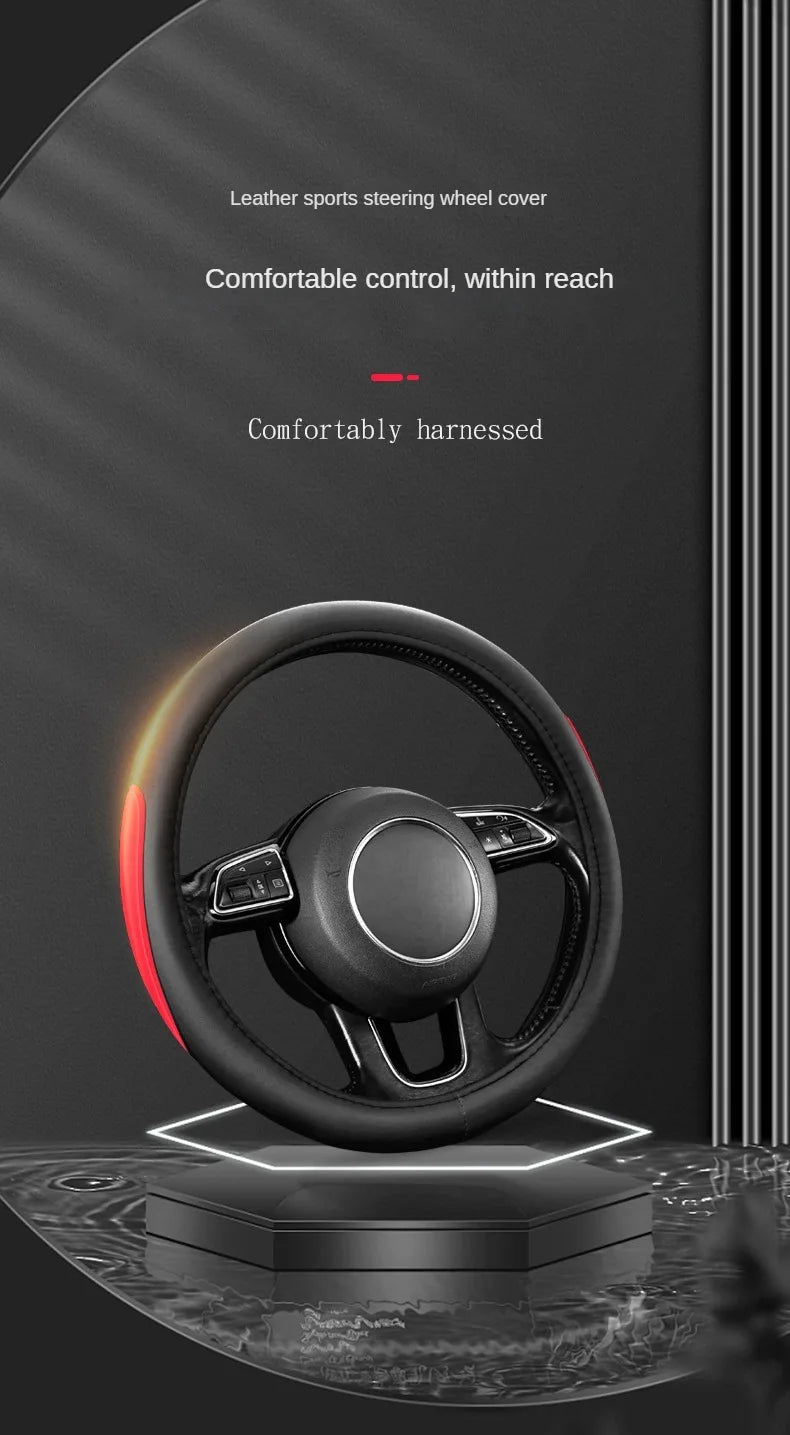Leather Car Steering Wheel Cover Fine Skin Texture  Comfort Grab Feel and Wear Resistant All Seasons Universal
