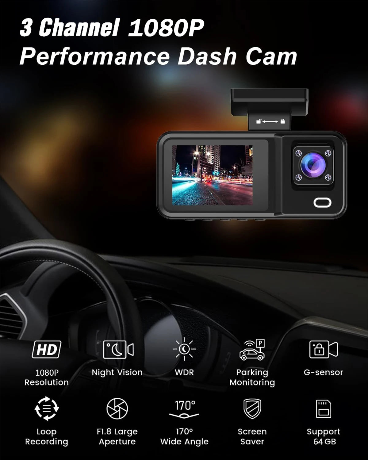 Dash Cam for Cars 3 Channel Car DVR 1080P Camera Video Recorder Front and Rear Inside View Camera for Vehicle Three Way Dashcam