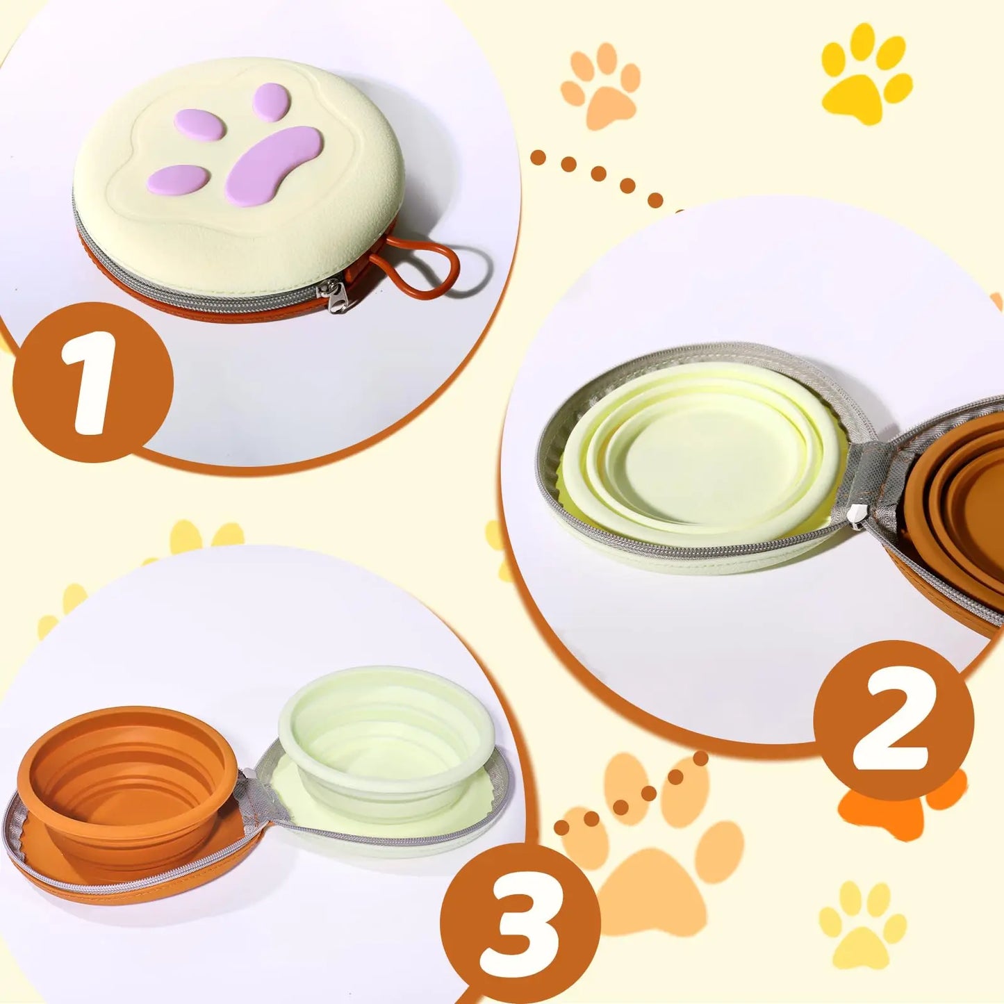Foldable double travel dog bowl - 2-in-1 portable pet food and water bowl with zipper box foldable cat/dog bowl