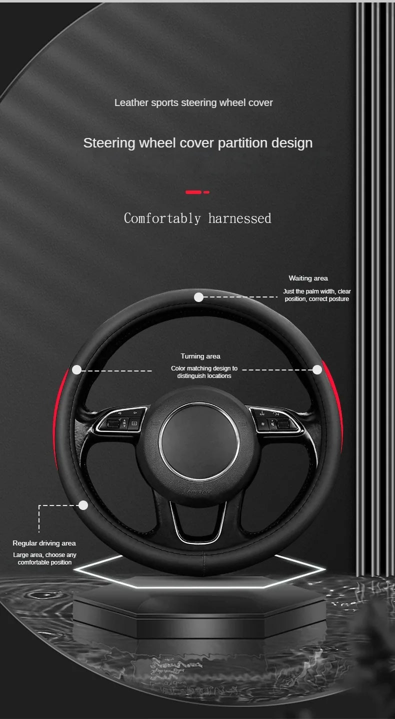 Leather Car Steering Wheel Cover Fine Skin Texture  Comfort Grab Feel and Wear Resistant All Seasons Universal