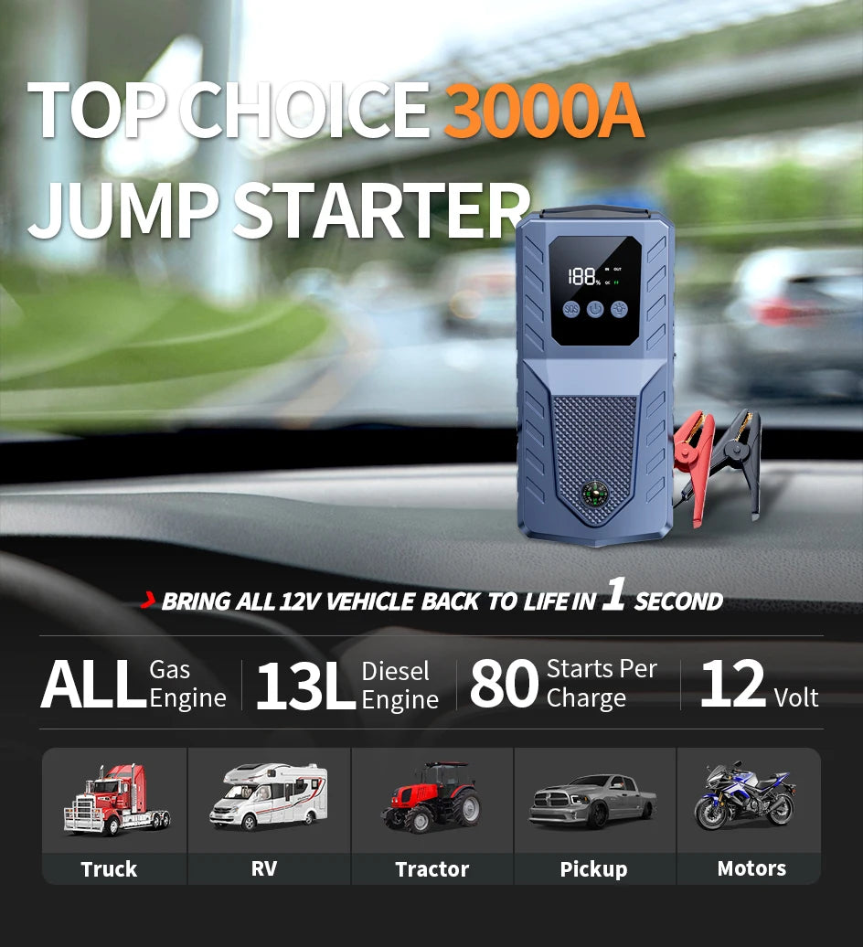 Car Jump Starter Battery Power Bank 2000A/3000A for Car Starter Portable Emergency Booster 12V Auto Starting Device