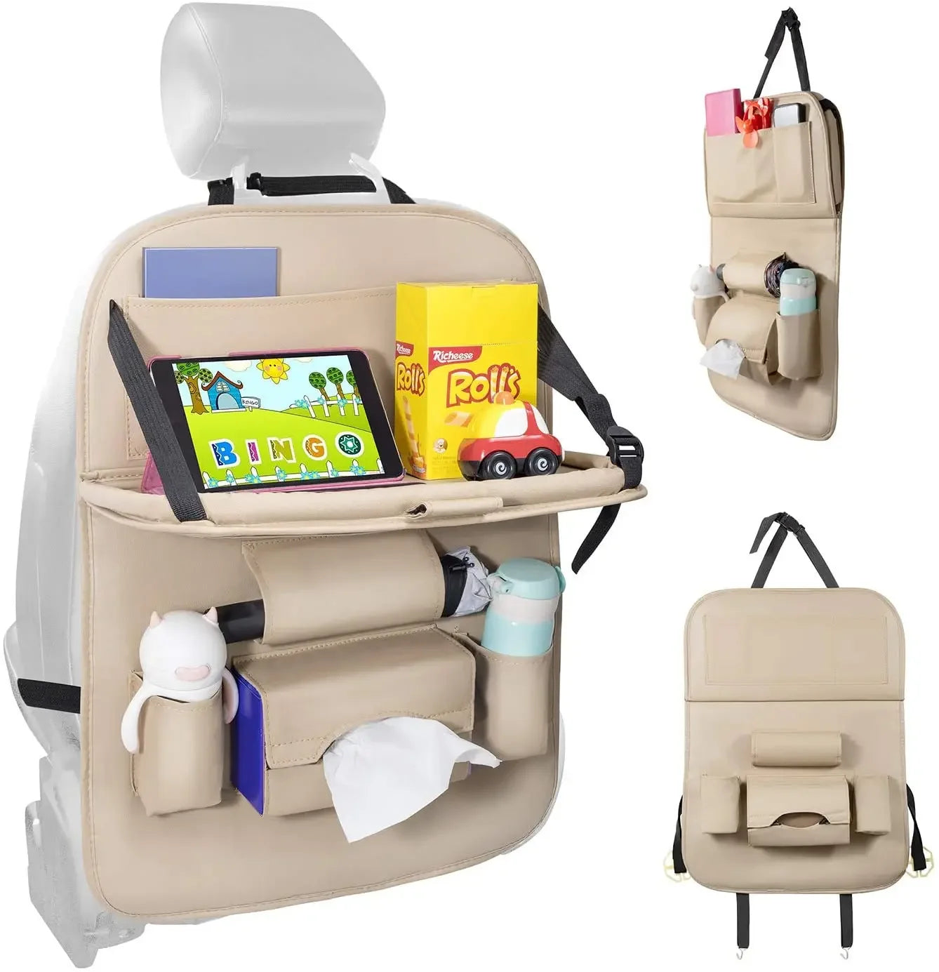 Car Seat Back Organizer with Foldable Table Tray PU Leather Storage Organizer with Pockets Kick Mats Seat Interior Accessories