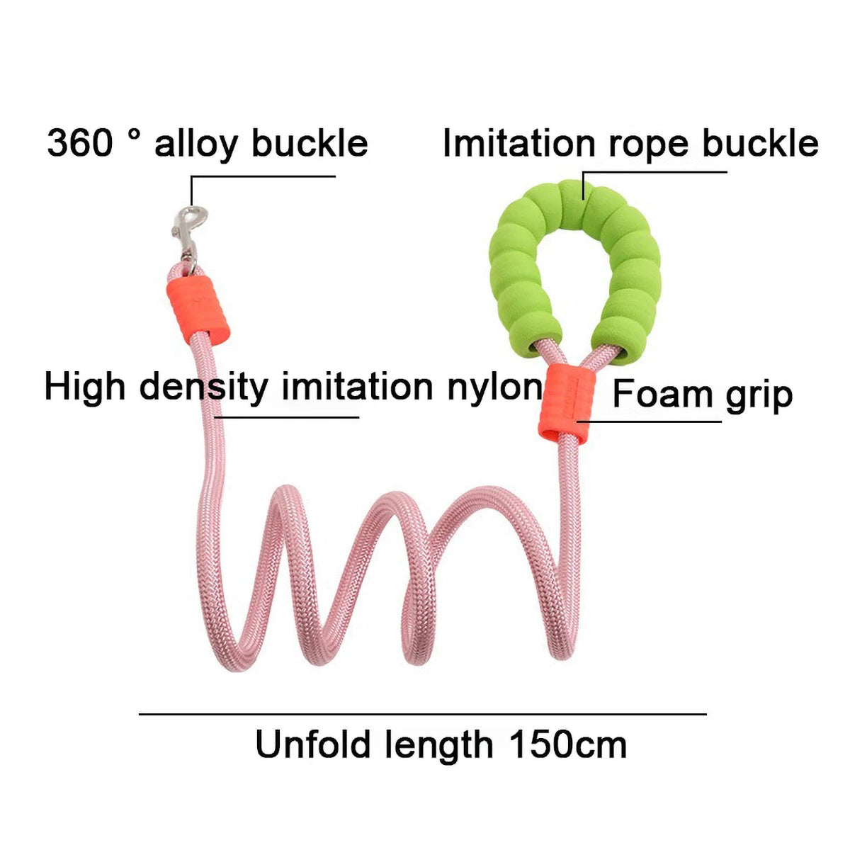 150cm Long Dog Leash with Foam Handle Cushioning Shock-Absorbing Elastic Alloy Buckle Durable Comfortable Rope for Walking