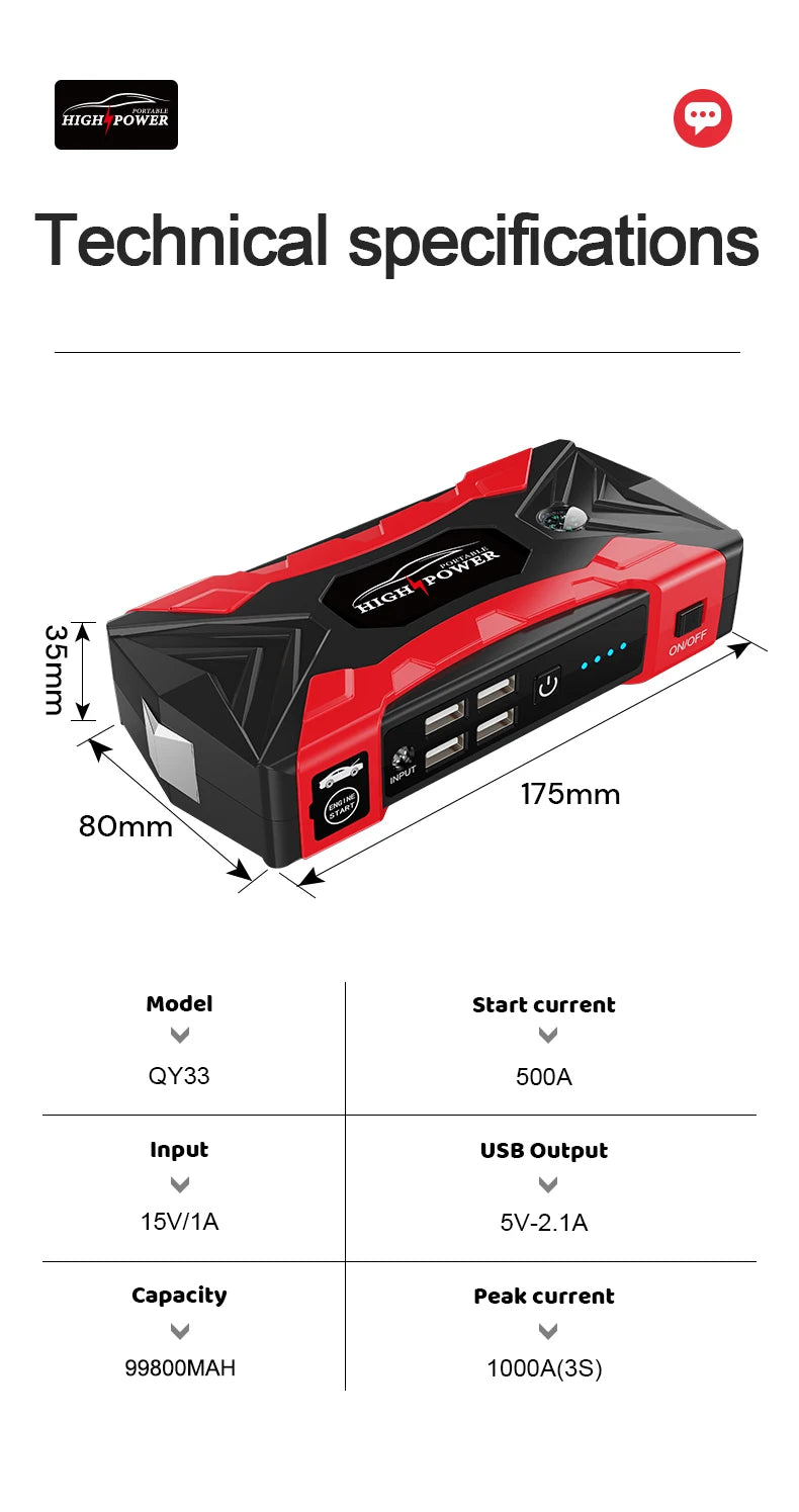Power Bank Car Battery Starter Jump Starter Portable Charger Car Booster Car Battery Jump Starter