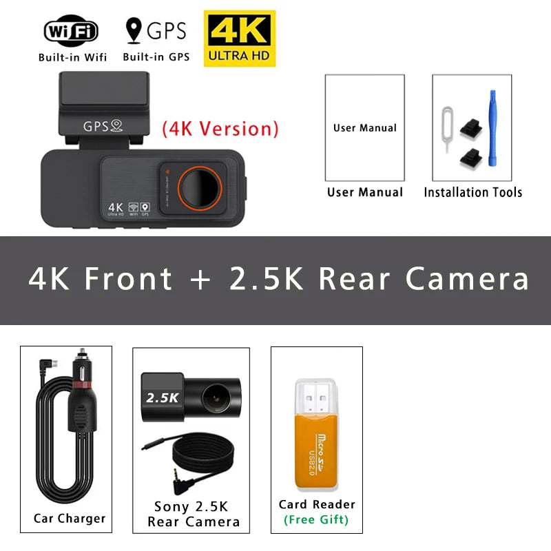 Dash Cam Dual Lens 4K UHD Recording Car Camera DVR Night Vision Video Recorder GPS Wi-Fi Room Black Box 2.5K Rear View Camera
