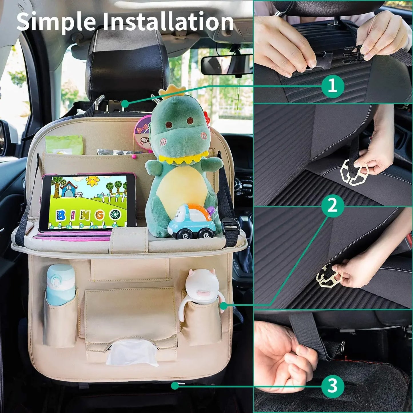 Car Seat Back Organizer with Foldable Table Tray PU Leather Storage Organizer with Pockets Kick Mats Seat Interior Accessories