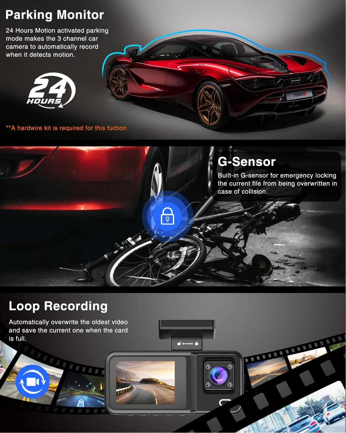 Dash Cam for Cars 3 Channel Car DVR 1080P Camera Video Recorder Front and Rear Inside View Camera for Vehicle Three Way Dashcam