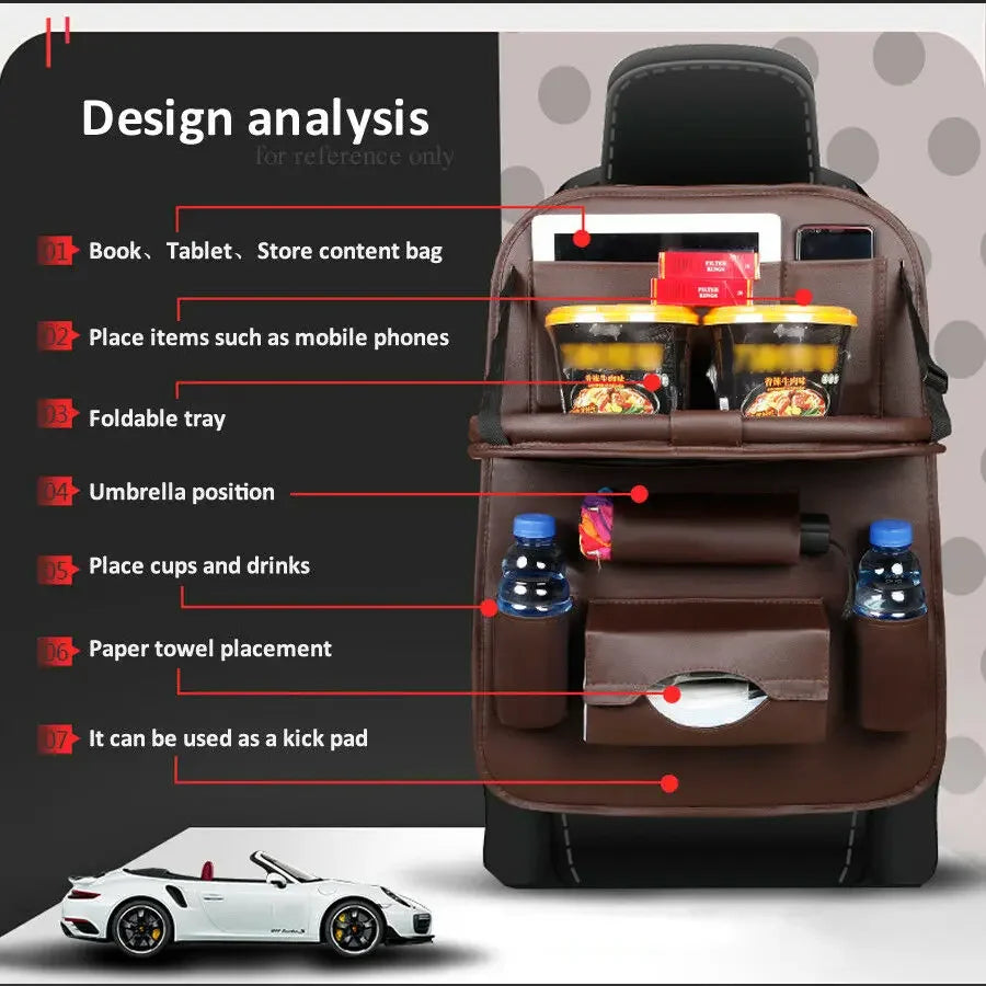 Car Seat Back Organizer with Foldable Table Tray PU Leather Storage Organizer with Pockets Kick Mats Seat Interior Accessories