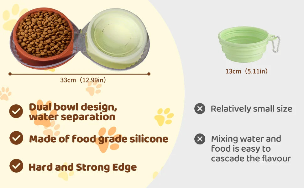 Foldable double travel dog bowl - 2-in-1 portable pet food and water bowl with zipper box foldable cat/dog bowl