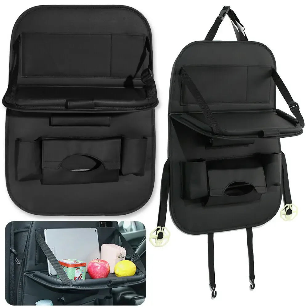 Car Seat Back Organizer with Foldable Table Tray PU Leather Storage Organizer with Pockets Kick Mats Seat Interior Accessories