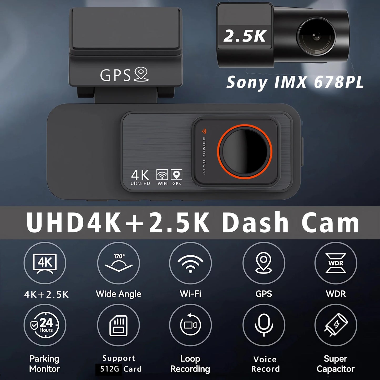 Dash Cam Dual Lens 4K UHD Recording Car Camera DVR Night Vision Video Recorder GPS Wi-Fi Room Black Box 2.5K Rear View Camera