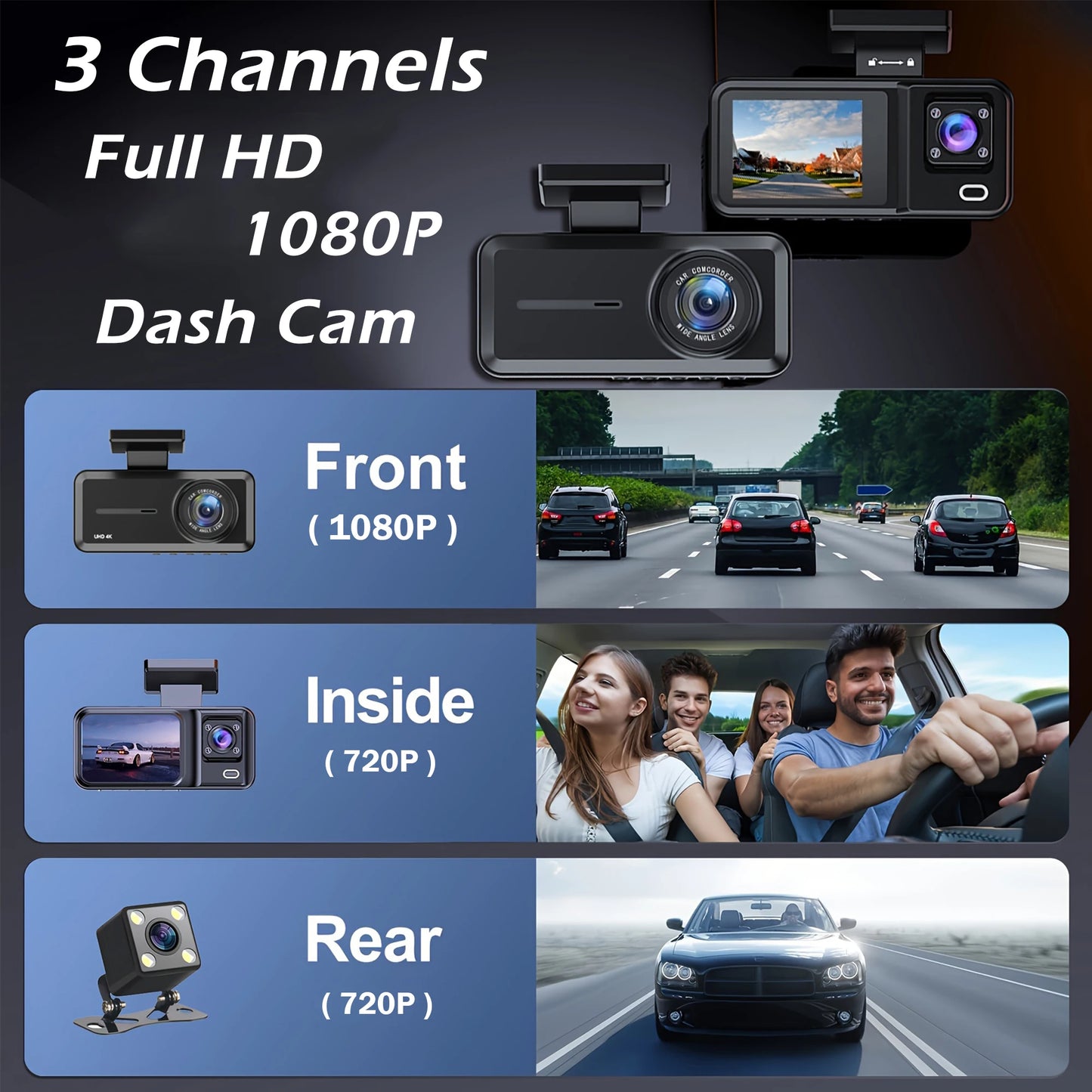 Dash Cam for Cars 3 Channel Car DVR 1080P Camera Video Recorder Front and Rear Inside View Camera for Vehicle Three Way Dashcam