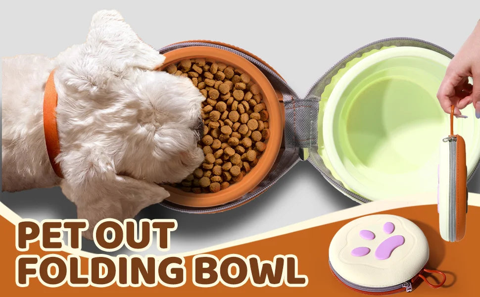 Foldable double travel dog bowl - 2-in-1 portable pet food and water bowl with zipper box foldable cat/dog bowl