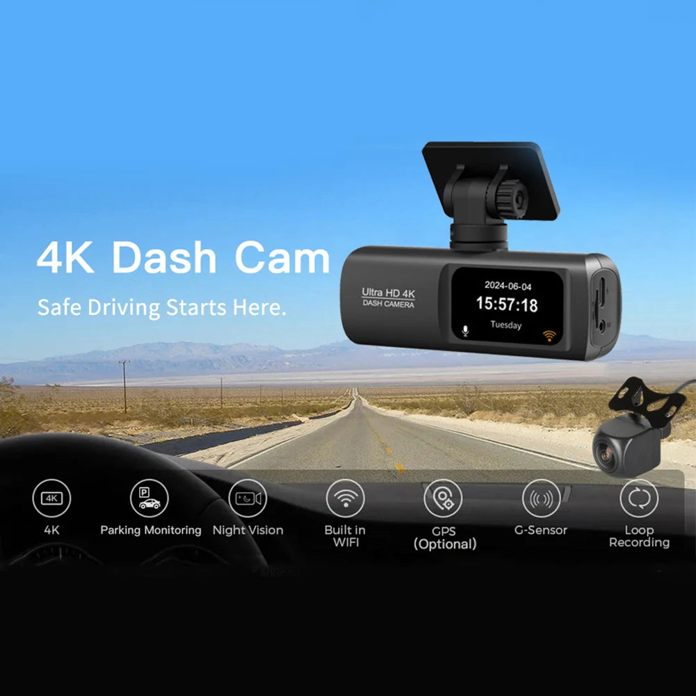 Dash Cam Front and Rear 2.4G WiFi 4K+1080P and 1.47" Screen DashCam with 24H Night Vision Parking Monitor Loop Recording WDR GPS