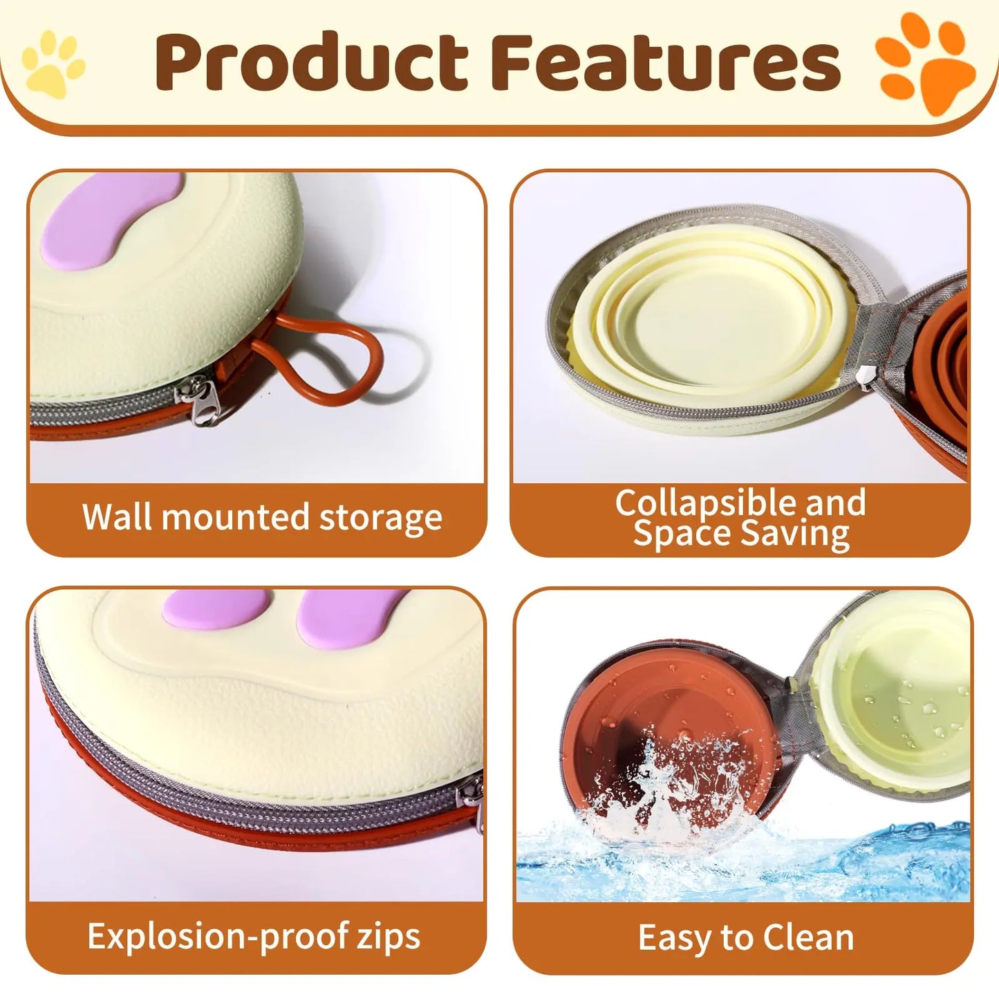 Foldable double travel dog bowl - 2-in-1 portable pet food and water bowl with zipper box foldable cat/dog bowl