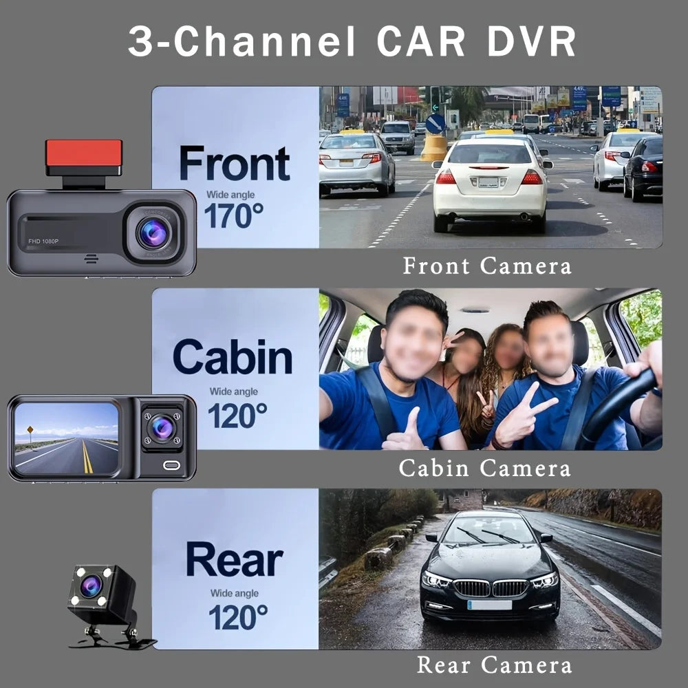 Dash Cam for Cars 3 Channel Car DVR 1080P Camera Video Recorder Front and Rear Inside View Camera for Vehicle Three Way Dashcam