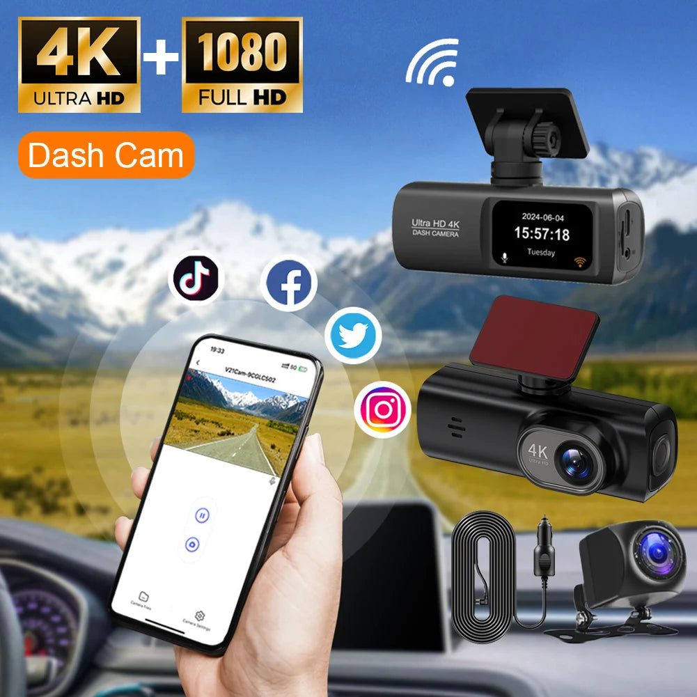 Dash Cam Front and Rear 2.4G WiFi 4K+1080P and 1.47" Screen DashCam with 24H Night Vision Parking Monitor Loop Recording WDR GPS