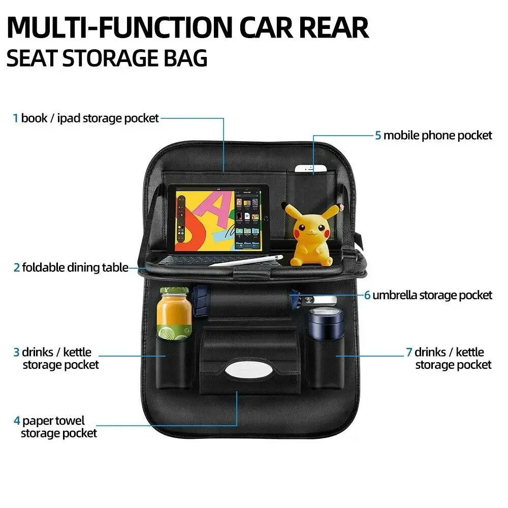 Car Seat Back Organizer with Foldable Table Tray PU Leather Storage Organizer with Pockets Kick Mats Seat Interior Accessories