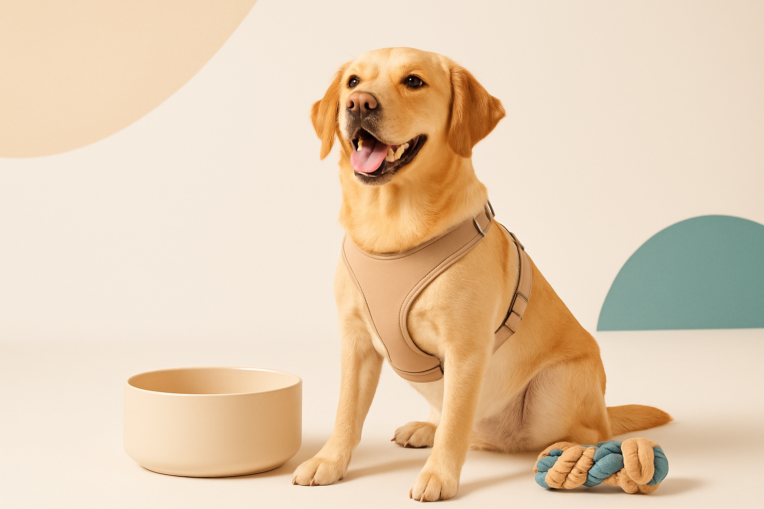 A bright modern lifestyle image of a happy dog wearing a stylish harness, sitting beside a water bowl and toy. Clean white background with soft beige and teal accents. Professional, friendly, and premium loo