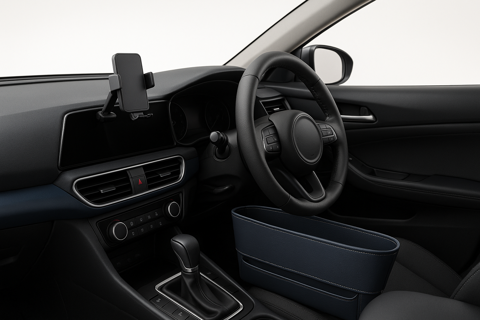A sleek modern lifestyle image of a car interior with accessories like a phone holder, steering wheel cover, and organizer. Clean white background with dark gray and blue accents. Professional and premium look.